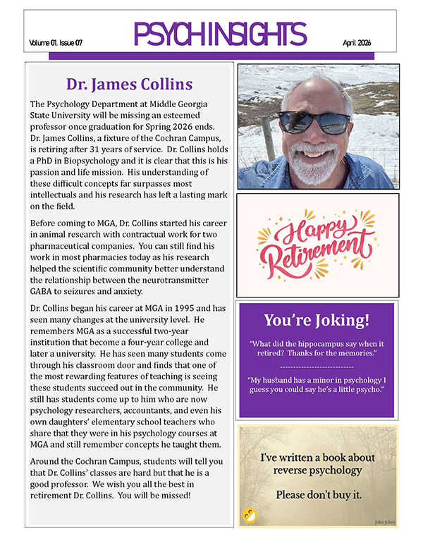 Newsletter page featuring a retirement announcement for Dr. James Collins from the Psychology Department. The page includes a photo of Dr. Collins smiling in sunglasses, a "Happy Retirement" graphic, and several psychology-themed jokes.